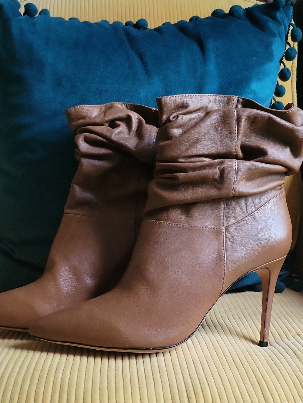 SCHUTZ Tan Ruched Pointed-Toe Stiletto Ankle Boots